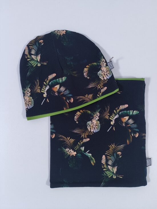 Cepure un šalle KOMPLEKTS melnas lapiņas 46-48cm (ar mazāku pagarinājumu)